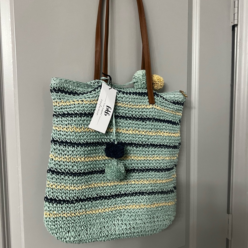 Striped Crochet Tote Bag - Mint and Navy